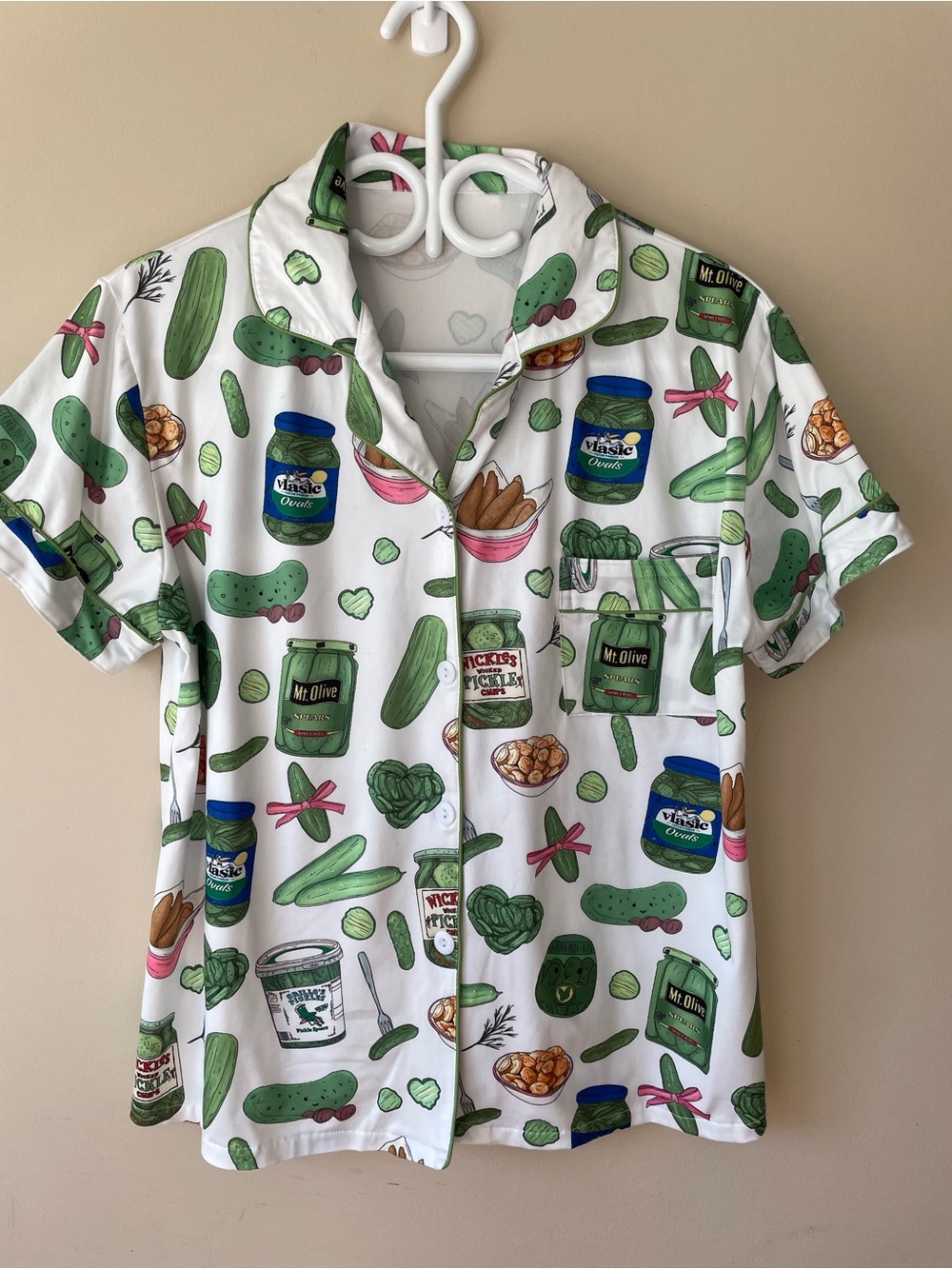 Ladies Short Sleeve Button-Up Shirt - Pickle & Olive Print - Vlasic & Mt Olive 🫒